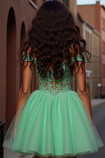 Tulle Light Green A Line Short Cocktail Dress with Lace